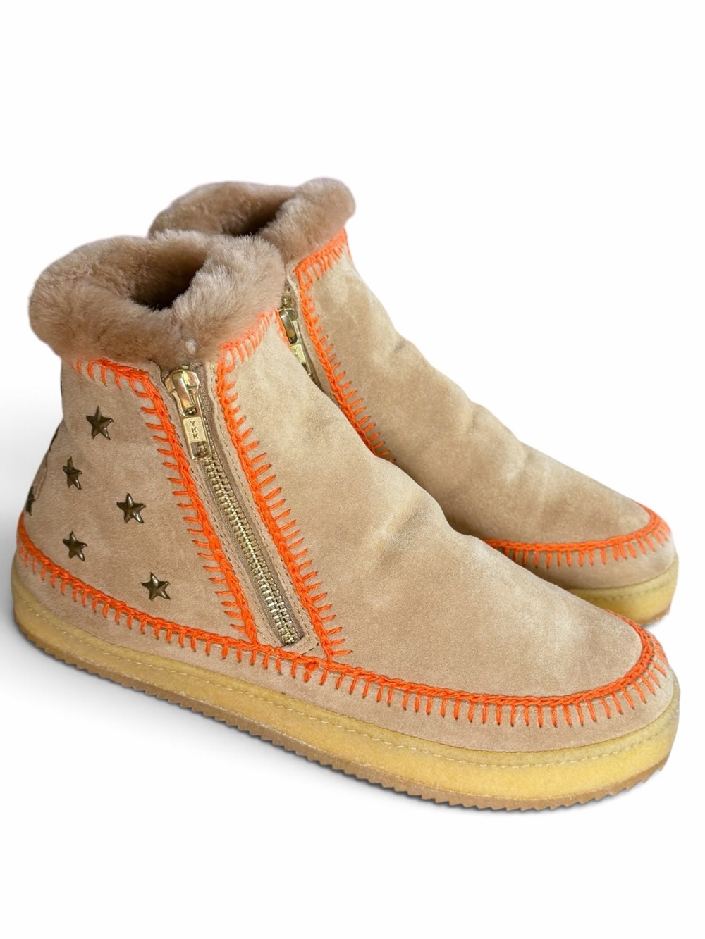 Laidback London Setsu Stars Crochet Tan Suede Brown Shearling Ankle Boots
